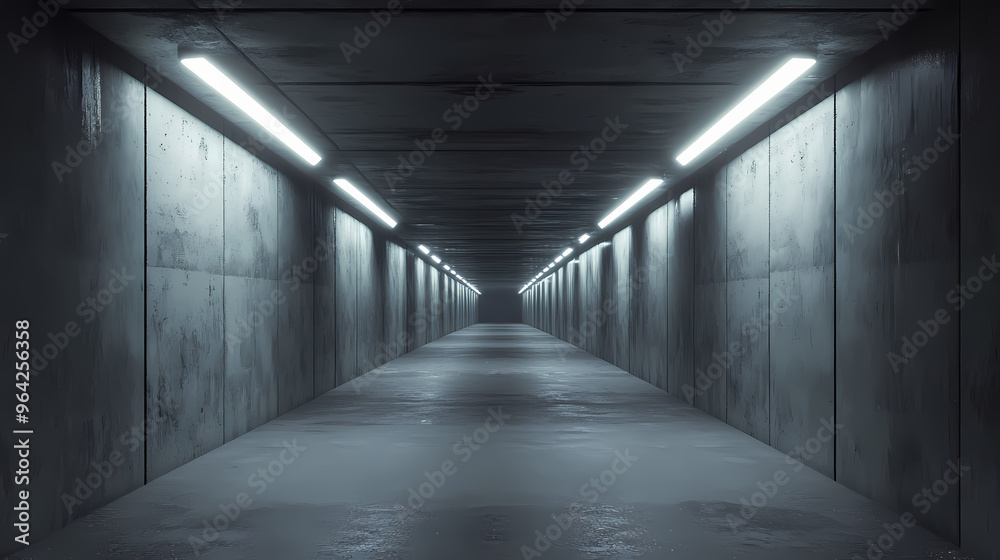 Obraz premium Dark concrete led white lights underground tunnel corridor cement asphalt hallway warehouse tunnel corridor metal structure realistic empty 3d rendering. 3D Render. Illustration