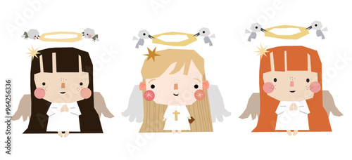Happy easter pray first communion  angel with dove  bible orthodox christianity greeting card for a baby child church holiday collection illustration for invitation decoration