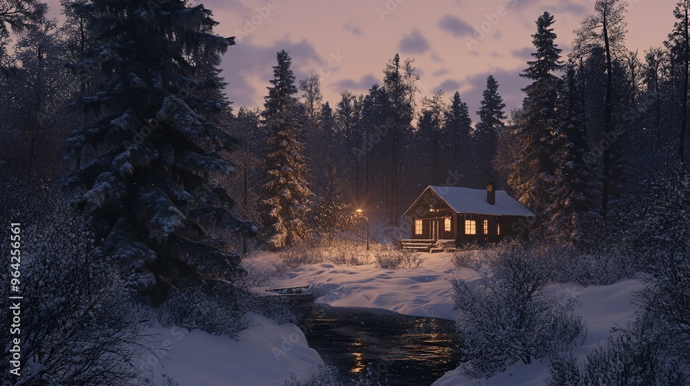 A cozy cabin illuminated by warm lights in a snowy forest at dusk, surrounded by tall trees and a gentle stream A cozy cabin illuminated by warm lights in a snowy forest at dusk, surrounded by tall trees and a gentle stream