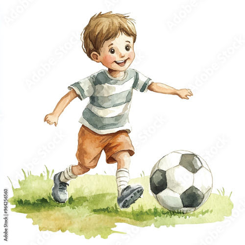cute kid playing soccer watercolor clipart