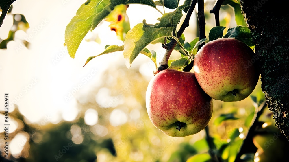 Two red apples hanging from a tree branch, ripe and ready for picking. Two red apples hanging from a tree branch, ripe and ready for picking.
