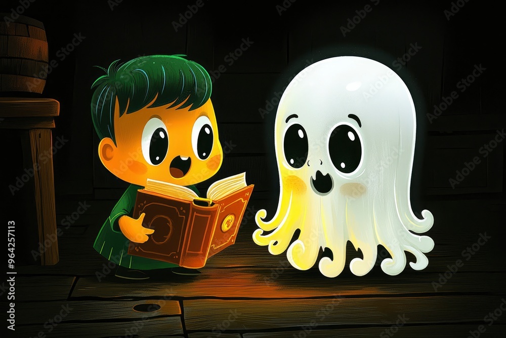 Obraz premium Boy Reading to Friendly Ghost
