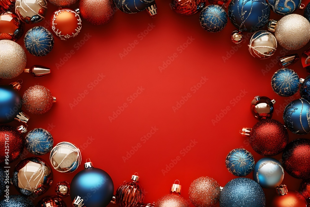 A red background with a blue and gold circle of Christmas ornaments A red background with a blue and gold circle of Christmas ornaments