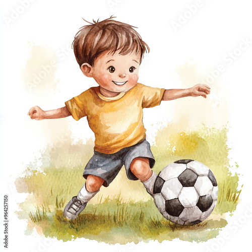 cute kid playing soccer watercolor clipart