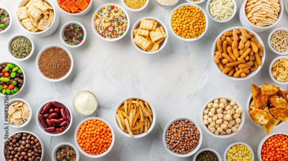 Variety of snack foods in white bowls on a white background  colorful and appetizing assortment