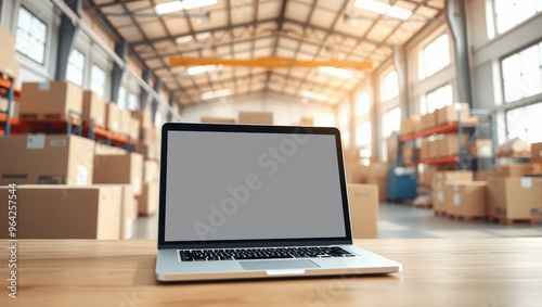 Laptop on a desk in a warehouse with boxes in the background