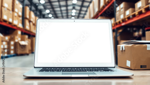 Laptop with blank screen in a warehouse