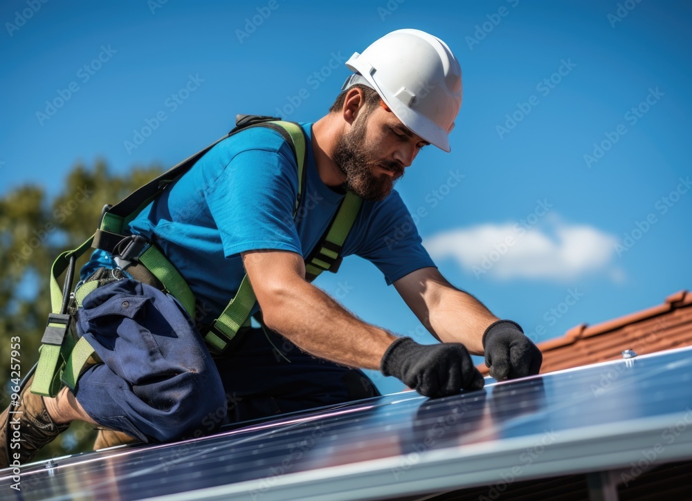Man Installing Solar Panel on Roof Man Installing Solar Panel on Roof