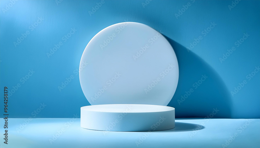 Empty round podium for product presentation, minimal pedestal. Light blue backdrop. Empty round podium for product presentation, minimal pedestal. Light blue backdrop.