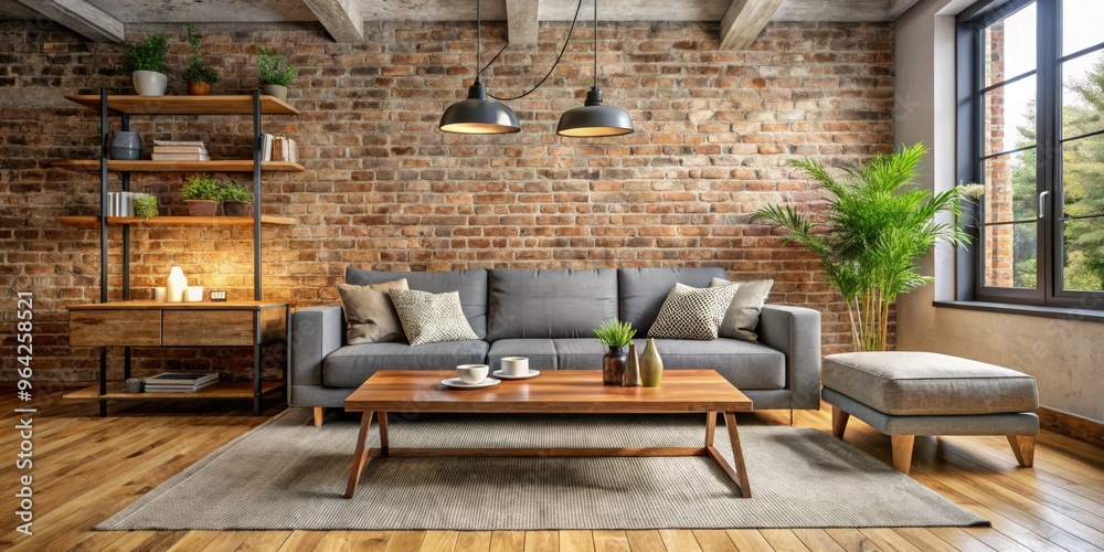 Cozy modern living room with exposed brick wall accent, sleek gray sofa, and rustic wood coffee table amidst soft natural light and minimalist decor. Cozy modern living room with exposed brick wall accent, sleek gray sofa, and rustic wood coffee table amidst soft natural light and minimalist decor.