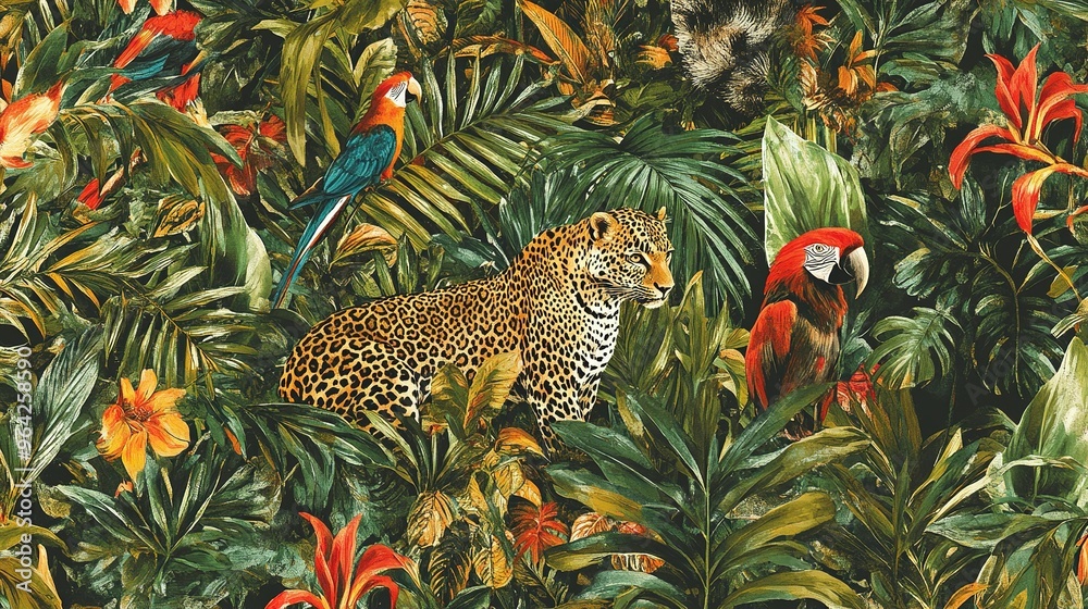Obraz premium Colorful tropical wildlife featuring a leopard and parrots among lush foliage in a vibrant jungle habitat