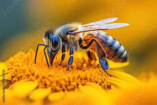 A close-up of a bee pollinating a yellow flower.