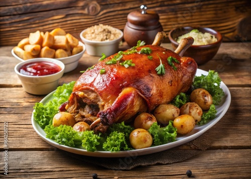 Crispy Roasted Guinea Pig Served Whole On A Plate With A Side Of Potatoes, Dipping Sauce, And Lettuce photo