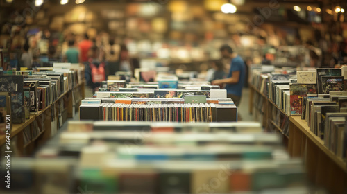 Vibrant Record Store Scene with Diverse Music Selection and Enthusiastic Customers
