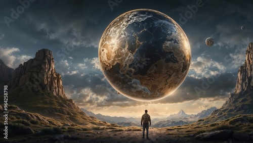 Man Standing Before Giant Floating Sphere In Majestic Mountain Landscape