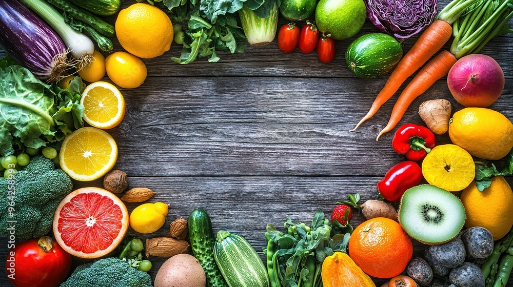 Colorful array of fresh fruits and vegetables arranged on a rustic wooden table for healthy eating inspiration Colorful array of fresh fruits and vegetables arranged on a rustic wooden table for healthy eating inspiration