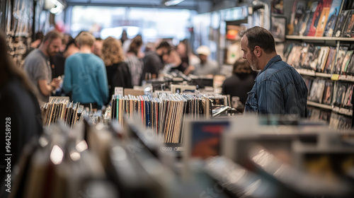 Vibrant Record Store Atmosphere with Vinyl Records and CDs Galore, Customers Exploring Latest Releases and Classics photo