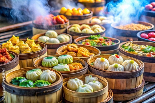 Steaming baskets of dim sims at a bustling Asian street food market, colorful wrappers bursting with savory filling, enticing aromas wafting through the air. photo