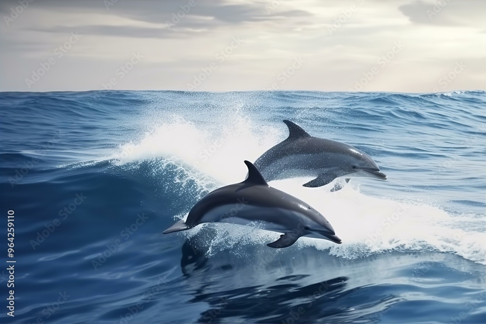 Fototapeta premium Playful Dolphin Couple Leaping Through Ocean Waves