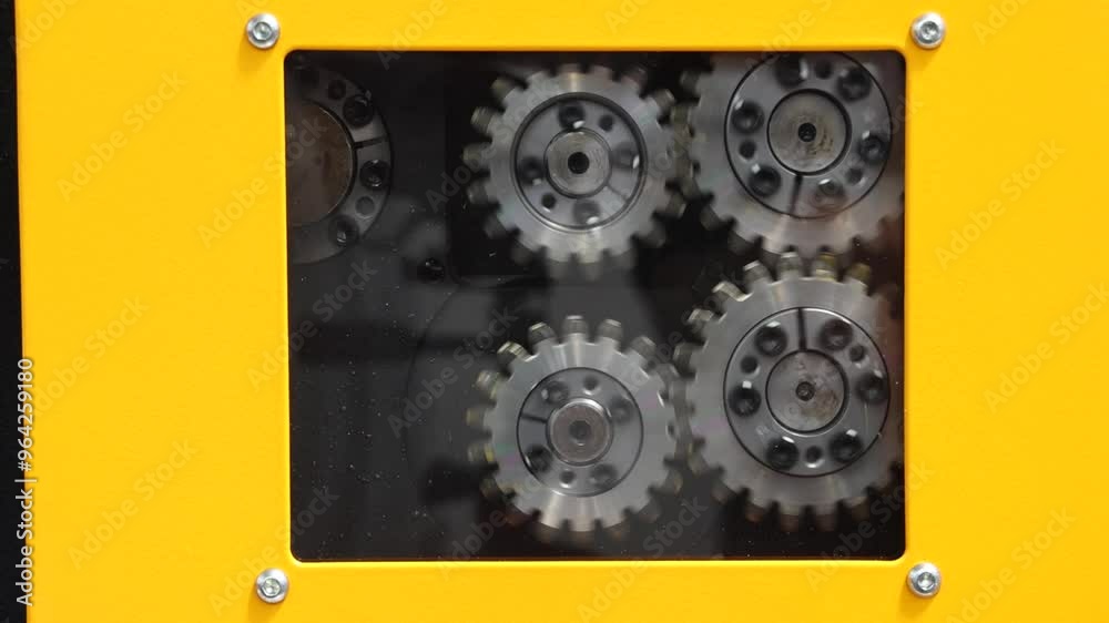View in Open Guts of Machine Rotating Cogs Gears Production View in Open Guts of Machine Rotating Cogs Gears Production