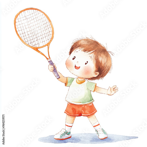 cute kid playing Badminton watercolor clipart