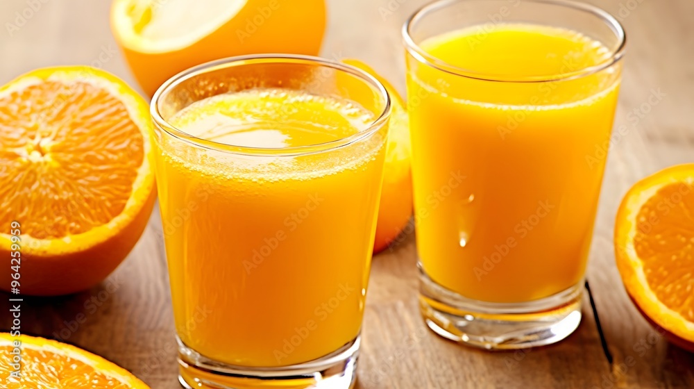Two glasses of orange juice with fresh oranges. Two glasses of orange juice with fresh oranges.