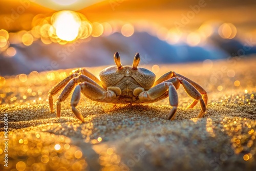 A sandcrab emerges from the warm sand, its intricate shell glistening in the sunlight, as it scurries back to the ocean's edge. photo