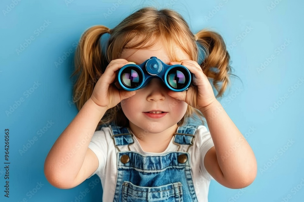 Little Explorer Curious Girl With Binoculars on a Blue Background, Discovering the Future. Little Explorer Curious Girl With Binoculars on a Blue Background, Discovering the Future.