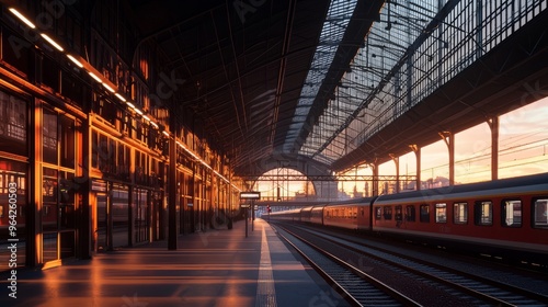 Train platform in a historic train station with a beautiful sunrise.