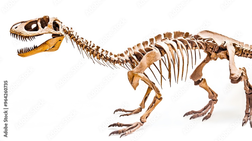 A dinosaur skeleton on a white background. A dinosaur skeleton on a white background.