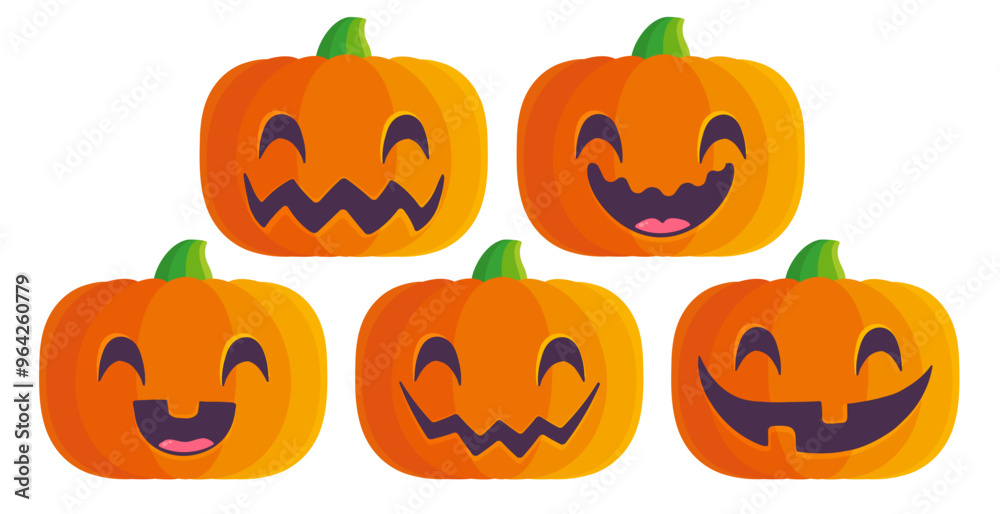 Vector set icons of pumpkin for Halloween in kawaii style. Vector set icons of pumpkin for Halloween in kawaii style.