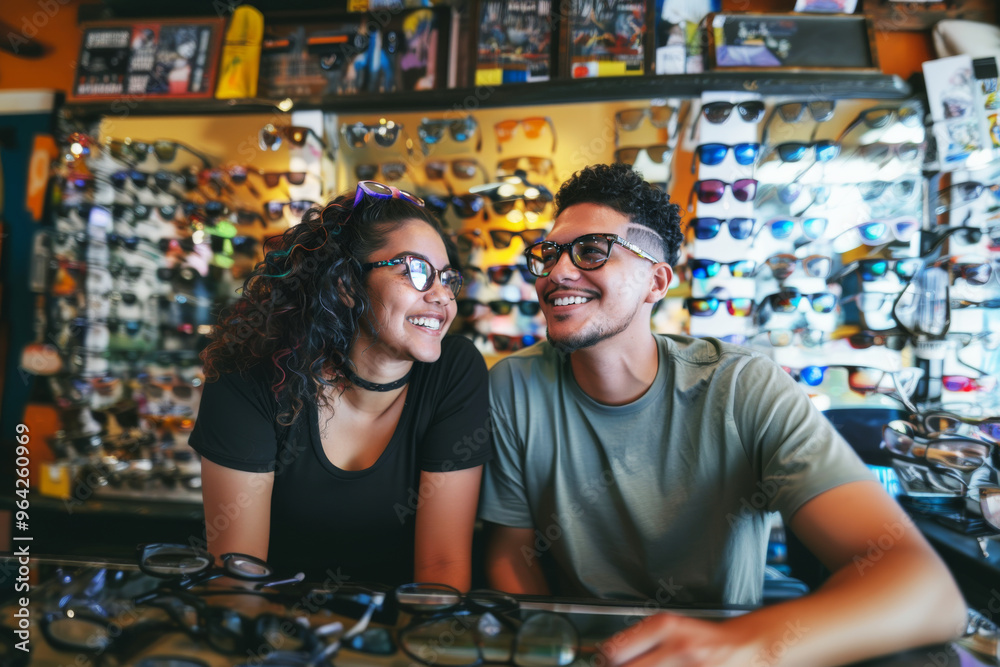 Fototapeta premium Young couple at an optometrist's, trying on eyeglasses together, surrounded by a wide variety of frames and lenses, enjoying the shopping experience