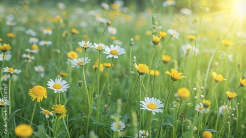 A vibrant field of wildflowers under soft sunlight.