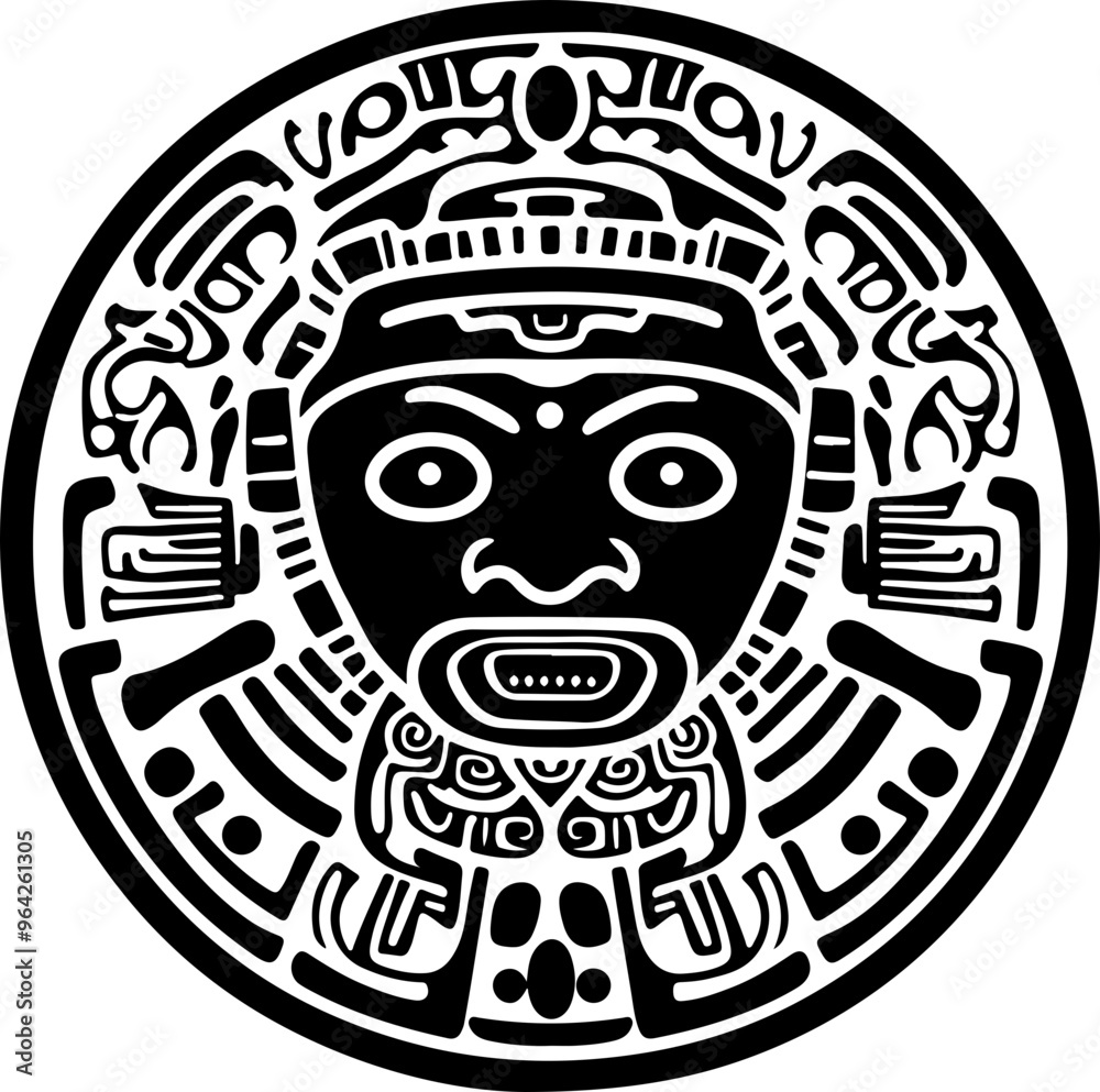 Intricate Aztec-Inspired Circle Design with Mask Element Intricate Aztec-Inspired Circle Design with Mask Element