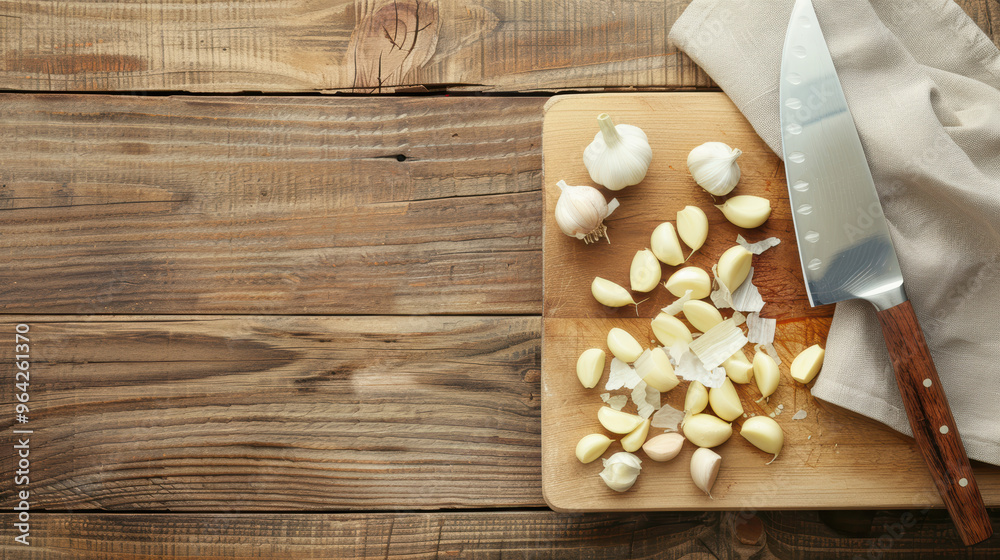 Garlic cloves and knife on wooden cutting board background Garlic cloves and knife on wooden cutting board background