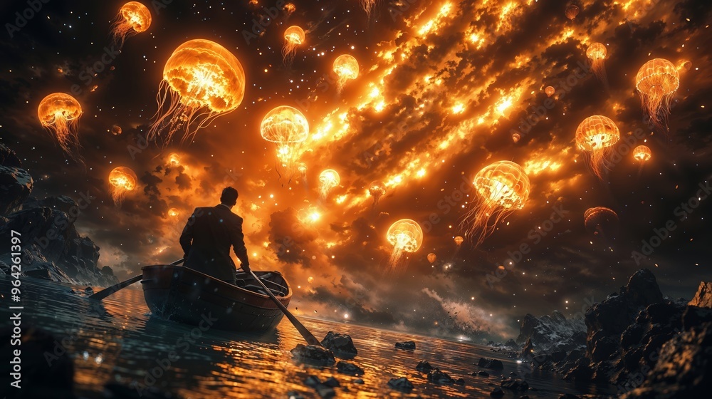 Man Rowing Under Glowing Jellyfish Sky in Surreal Night Scene Man Rowing Under Glowing Jellyfish Sky in Surreal Night Scene