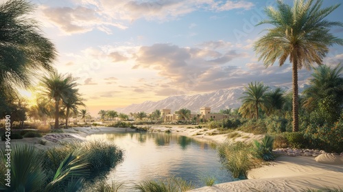 Tranquil oasis with a winding canal and palm trees against a backdrop of mountains at sunset.