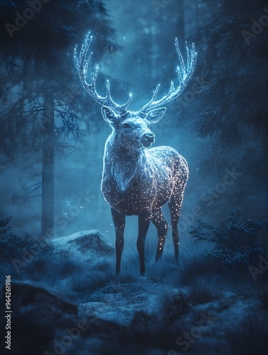 Bioluminescent Deer Illuminating Enchanted Forest in Dreamlike Fantastical Digital Painting photo