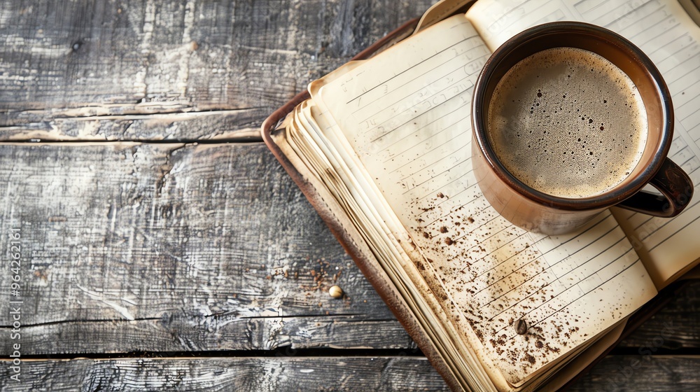 A cup of coffee on a book with scattered coffee beans. A cup of coffee on a book with scattered coffee beans.