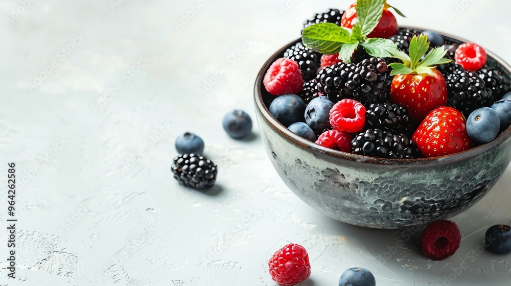 A bowl of fresh berries with a few scattered around on a grey surface. A bowl of fresh berries with a few scattered around on a grey surface.