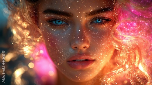 Close-Up Portrait of Woman with Glitter and Colorful Lights