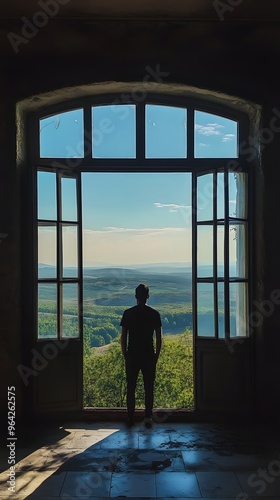 32. A person standing in front of a window with a view