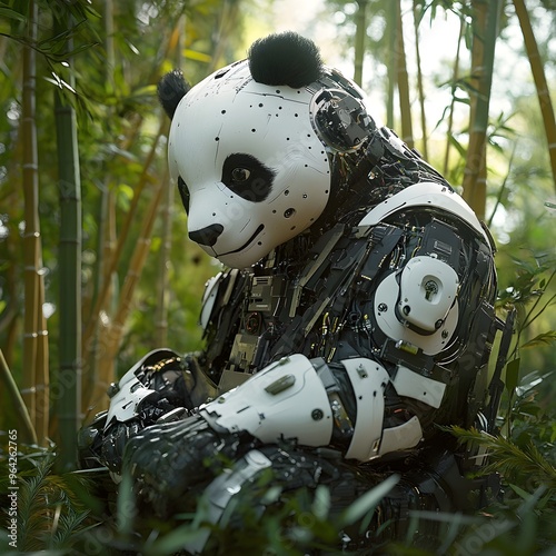 Intelligent Panda Resting in High Tech Bamboo Environment