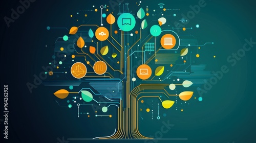 Tree with digital circuits and screens, tech elements, flat design illustration