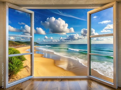 Expansive Glass Window Offering A Serene View Of A Tranquil Beach With Rolling Waves And Golden Sand. photo