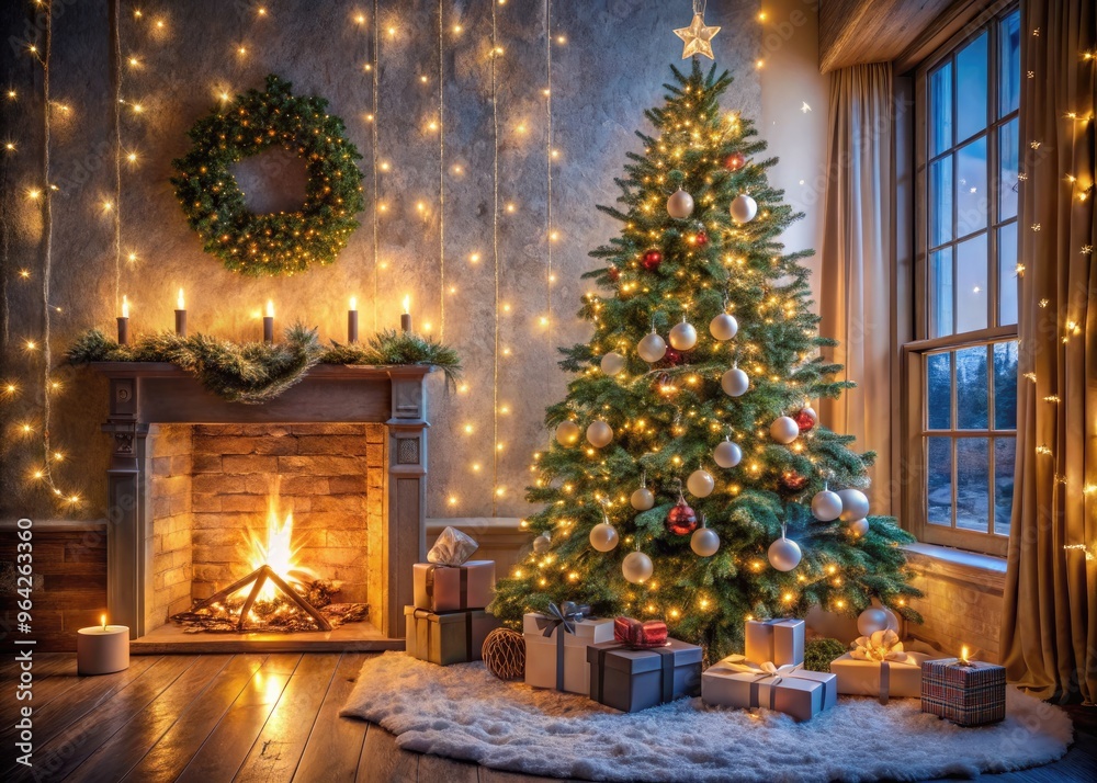 Festive Christmas-Themed Wallpaper Featuring A Decorated Tree, Twinkling Lights, And A Cozy Winter Atmosphere Festive Christmas-Themed Wallpaper Featuring A Decorated Tree, Twinkling Lights, And A Cozy Winter Atmosphere