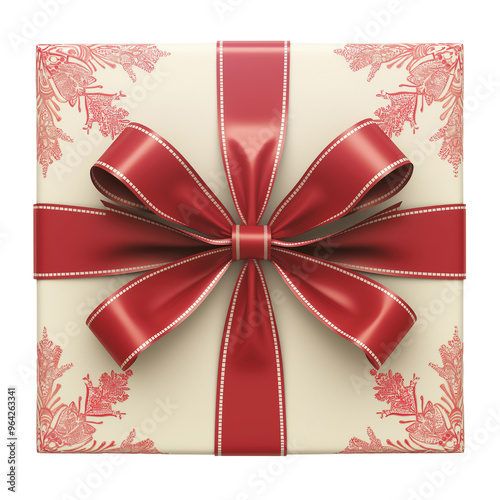 White holiday gift box, decorated with snowflakes and red satin bow, top view