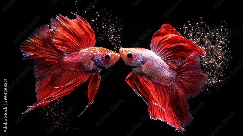 Obraz premium Vibrant masterpiece of two colorful betta fish in warm scarlet and bright sunny hues, adorned with intricate metallic shimmer over bold black canvas, luxurious wall hanging. Realistic photograph,