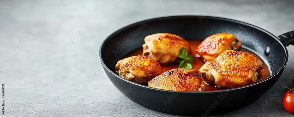 Close-up of a non-stick frying pan with golden-brown roasted chicken, minimalistic design, clean background, professional cooking Close-up of a non-stick frying pan with golden-brown roasted chicken, minimalistic design, clean background, professional cooking