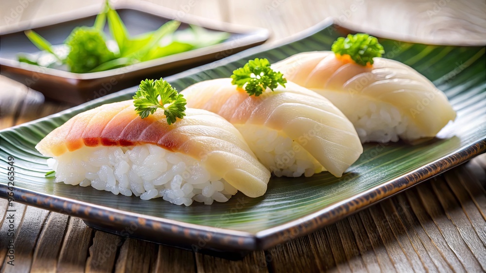 Fresh halibut sushi, elegantly displayed on a plate, with exquisite detail and high quality Fresh halibut sushi, elegantly displayed on a plate, with exquisite detail and high quality